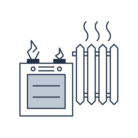 Heating and cooking gas processed from biomass. Icon of cooking stove and radiator. Biogas production series. Line pictogram for eco designs. Vector illustration isolated on a white background.のイラスト素材