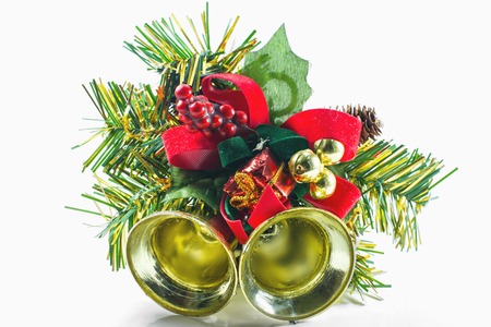 decorations for Christmas trees, bells, red bowの写真素材