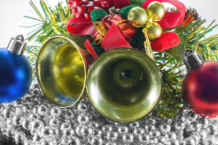 decorations for Christmas trees, bells, red bowの写真素材