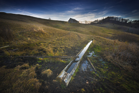 drinker of a tree trunk in the mountains, slopes, houses with trees in the backgroundの写真素材