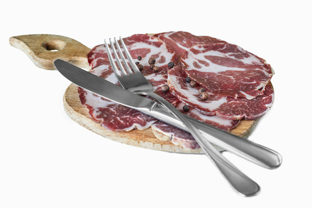 bacon fat pork isolate food kitchen knife meat forkの写真素材