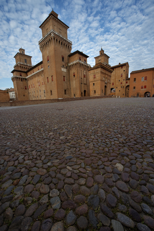 Ancient castle Estense in Ferrara, angle in front paversのeditorial素材
