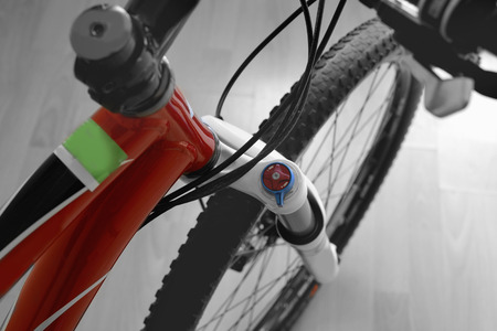 front wheel mountain bike handlebar, front shock absorber, frame, cross country, close upの写真素材