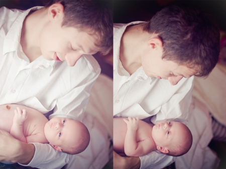 Diptych of photos father with son. Indoorの写真素材