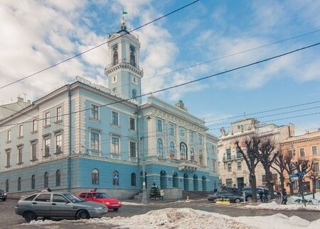 CHERNIVTSI, UKRAINE, JANUARY, 2017: Town Hall in Chernivtsi, municipality of the city. Central squareのeditorial素材