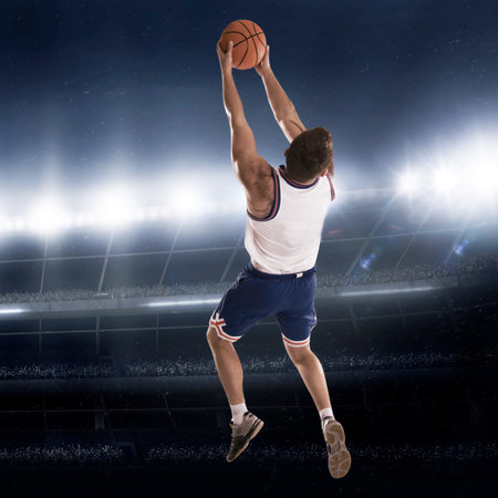 basketball player in action on the stadium with lights and flashes 3d illustration