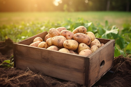 a wooden box with potato in field or garden in the morning, organic potatoの素材