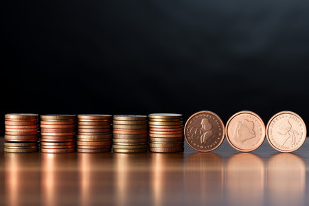 The coins lay in a row on the table in black background.の素材