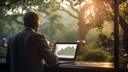 A man works outside in the garden to relax his mind or investors who want a calm and shady environment to relax their minds.の素材