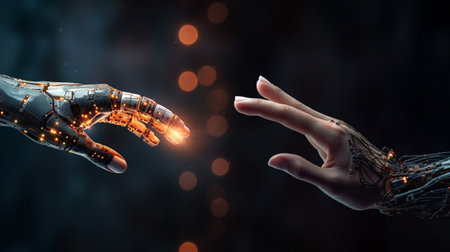 hand of human and robot or artificial Intelligence connecting data information , machine learning technologyの素材