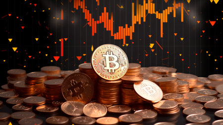 a lot of bitcoins cryptocurrency digital asset in the future with chart pattern or bull and bear market backgroundの素材
