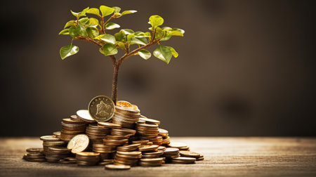 tree growing on pile of golden coins, growth business finance investmentの素材