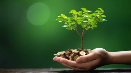 hand holding and planting coin tree represent the growth of money from investments and savingsの素材
