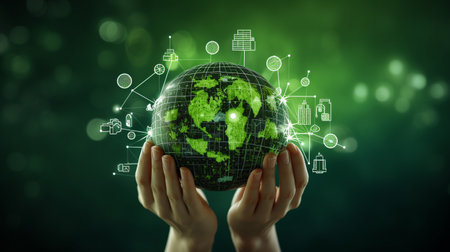 hand holding with environment icons or globe over the Network connection on green backgroundの素材