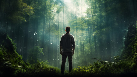 business sustainability and global warming protection shown by man and green forest double exposure imageの素材