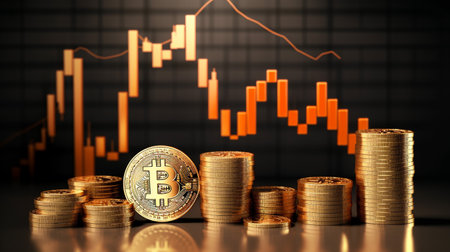 Bitcoins and New virtual money concept.Gold bitcoins with Candle stick graph chart and digital background, blockchain technology in the futureの素材