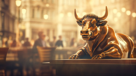 protrait of golden bull statue on the table in stock market exchange, bull market conceptの素材