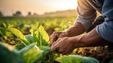 hand of young men picking tobacco trees at sunrise in field, in the style of macro photographyの素材