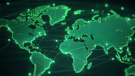 holographic of digital world map, big data and information link or connect around the world easy and fast to carry out various transactionsの素材