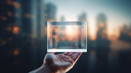 hand holding digital data or blockchain cube concept, humans and robots work together, using ai technology and big data for business work more efficiently and reduce costsの素材