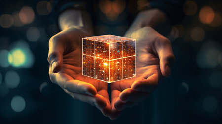 hand holding digital data or blockchain cube concept, humans and robots work together, using ai technology and big data for business work more efficiently and reduce costsの素材