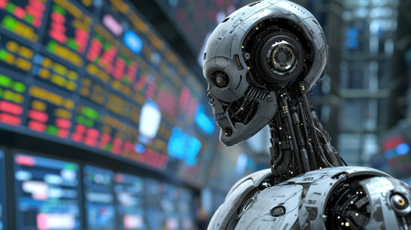 robots come to replace humans by using big data and machine learning including finance, investment, industry and medical, stock market exchange backgroundの素材