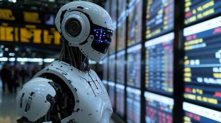 robots come to replace humans by using big data and machine learning including finance, investment, industry and medical, stock market exchange backgroundの素材