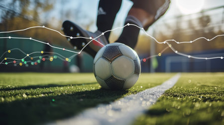 portrait of foot of a soccer player kicking a ball, investing or trading in stock or currency market background conceptの素材