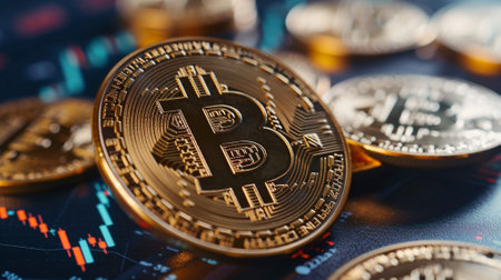 bitcoin digital currency and blockchain the new technology transfer data information on stock market exchange backgroundの素材
