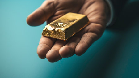 close up hand of old businessman hold gold bar on blue background, saving gold plan for retire conceptの素材