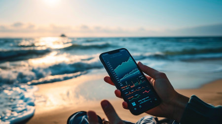 Investor holding a mobile phone with stock chart screen, in beach background, working everywhere conceptの素材
