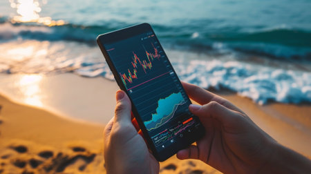 Investor holding a mobile phone with stock chart screen, in beach background, working everywhere conceptの素材