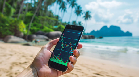Investor holding a mobile phone with stock chart screen, in beach background, working everywhere conceptの素材