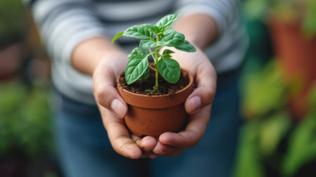 hand holding tree or potted plant, financial sustainable growth and environment social governance or ecosystem safe the world conceptの素材