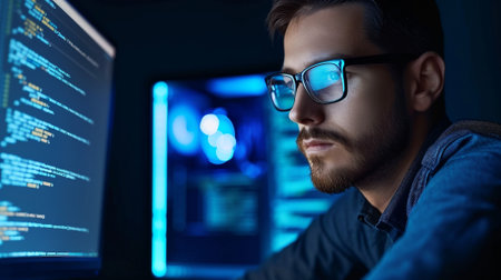 Focused developer coder in glasses working on computer looking at programming code data, investor or trader using data for trading stock marketの素材