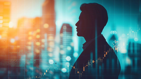 the businessman in a silhouette double exposure, in the background is stock chart. stylish in the style of double exposureの素材