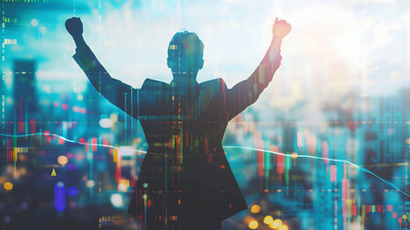 the businessman in a silhouette double exposure, in the background is stock chart. stylish in the style of double exposureの素材