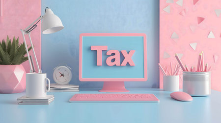 computer with word "Tax" on the tableの素材