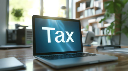 computer with word "Tax" on the tableの素材