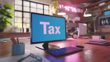 computer with word "Tax" on the tableの素材