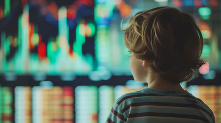 child looking chart in stock or currency market, learn about finances and investments from a young age to achieve financial freedom conceptの素材