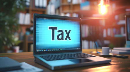 computer with word "Tax" on the tableの素材