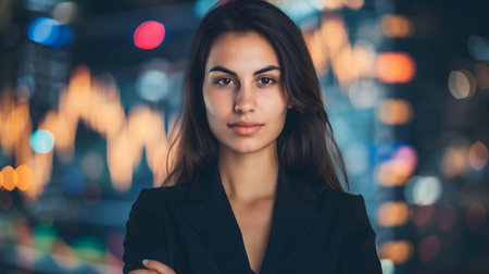 Portrait of confident and happy leader,investor, businessman, manager, freelance with stock market background, investment for financial growth and freedomの素材