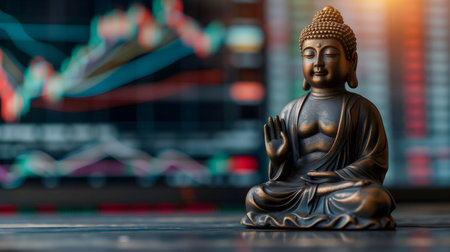 Buddha statue placed on the table with stock market background, shows respect and faith in sacred things in order to be successfulの素材