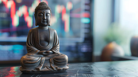 Buddha statue placed on the table with stock market background, shows respect and faith in sacred things in order to be successfulの素材