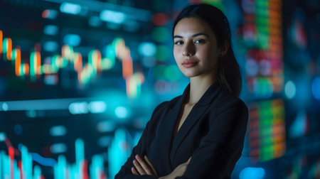 Portrait of confident and happy leader,investor, businessman, manager, freelance with stock market background, investment for financial growth and freedomの素材