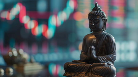 Buddha statue placed on the table with stock market background, shows respect and faith in sacred things in order to be successfulの素材
