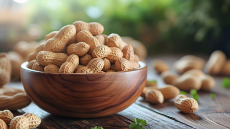 Peanuts in wooden bowl on the table, source of protein that is beneficial to healthの素材