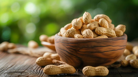 Peanuts in wooden bowl on the table, source of protein that is beneficial to healthの素材