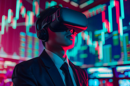 Investor or businessman using virtual reality for trading and investing in stock and currency market, modern or new technology helps increase convenience and easy of workの素材